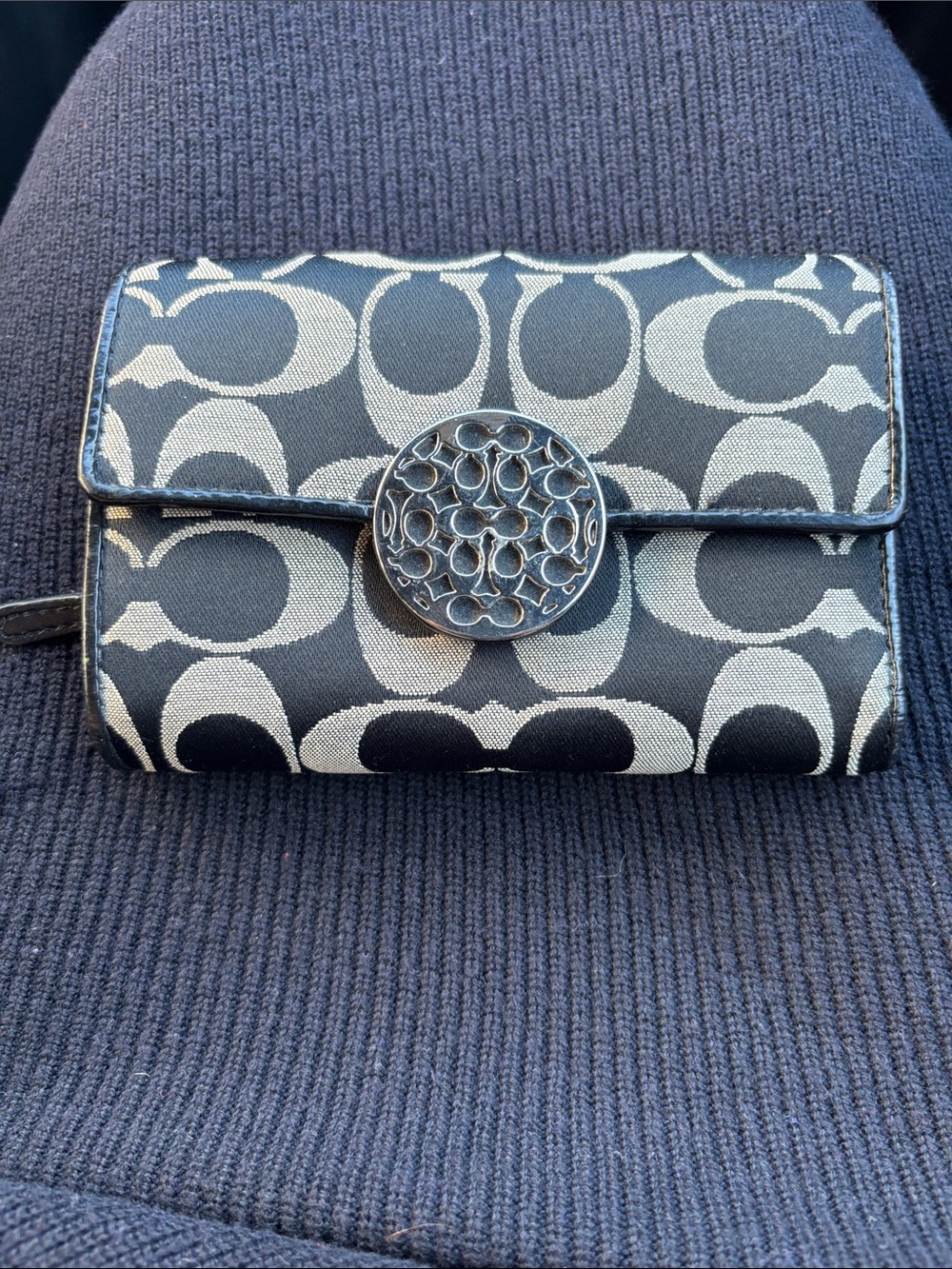 Coach Alexander Slim Black and Gold Signature Canvas Wallet with Logo Medallion